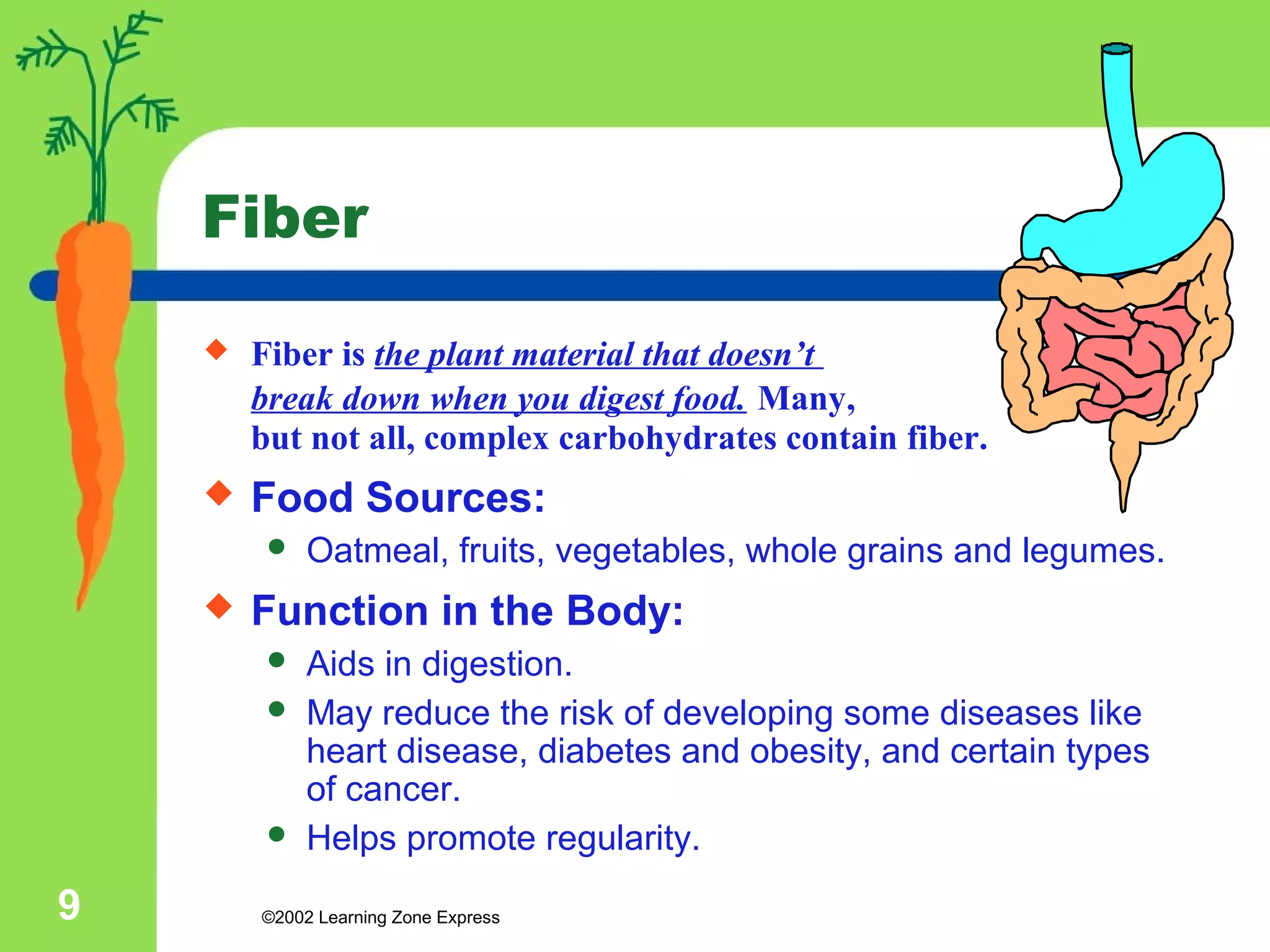 Fiber 
 Fiber is the plant material that doesn’t 
break down when you digest food. Many, 
but not all, complex carbohydrates contain fiber. 
 Food Sources: 
 Oatmeal, fruits, vegetables, whole grains and legumes. 
 Function in the Body: 
 Aids in digestion. 
 May reduce the risk of developing some diseases like 
heart disease, diabetes and obesity, and certain types 
of cancer. 
 Helps promote regularity. 
©2002 9 Learning Zone Express 
 