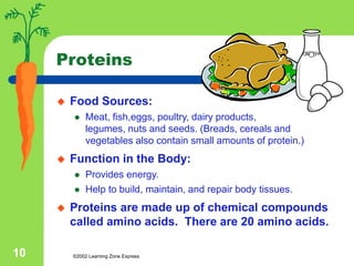 ©2002 Learning Zone Express
10
Proteins
 Food Sources:
 Meat, fish,eggs, poultry, dairy products,
legumes, nuts and seeds. (Breads, cereals and
vegetables also contain small amounts of protein.)
 Function in the Body:
 Provides energy.
 Help to build, maintain, and repair body tissues.
 Proteins are made up of chemical compounds
called amino acids. There are 20 amino acids.
 
