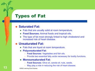 ©2002 Learning Zone Express
13
Types of Fat
 Saturated Fat:
 Fats that are usually solid at room temperature.
 Food Sources: Animal foods and tropical oils.
 The type of fat most strongly linked to high cholesterol and
increased risk of heart disease.
 Unsaturated Fat:
 Fats that are liquid at room temperature.
 Polyunsaturated Fat:
• Food Sources: Vegetables and fish oils.
• Provide two essential fatty acids necessary for bodily functions.
 Monounsaturated Fat:
• Food Sources: Olive oil, canola oil, nuts, seeds.
• May play a role in reducing the risk of heart disease.
 