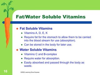 ©2002 Learning Zone Express
16
Fat/Water Soluble Vitamins
 Fat Soluble Vitamins
 Vitamins A, D, E, K
 Require fat for the stomach to allow them to be carried
into the blood stream for use (absorption).
 Can be stored in the body for later use.
 Water Soluble Vitamins
 Vitamins C and B-complex
 Require water for absorption.
 Easily absorbed and passed through the body as
waste.
 