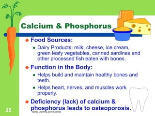 ©2002 Learning Zone Express
25
Calcium & Phosphorus
 Food Sources:
 Dairy Products: milk, cheese, ice cream,
green leafy vegetables, canned sardines and
other processed fish eaten with bones.
 Function in the Body:
 Helps build and maintain healthy bones and
teeth.
 Helps heart, nerves, and muscles work
properly.
 Deficiency (lack) of calcium &
phosphorus leads to osteoporosis.
 