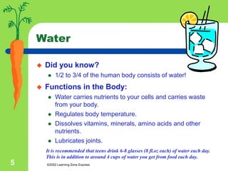 ©2002 Learning Zone Express
5
Water
 Did you know?
 1/2 to 3/4 of the human body consists of water!
 Functions in the Body:
 Water carries nutrients to your cells and carries waste
from your body.
 Regulates body temperature.
 Dissolves vitamins, minerals, amino acids and other
nutrients.
 Lubricates joints.
It is recommended that teens drink 6-8 glasses (8 fl.oz each) of water each day.
This is in addition to around 4 cups of water you get from food each day.
 