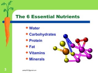 aafaq9797@gmail.com3
The 6 Essential Nutrients
 Water
 Carbohydrates
 Protein
 Fat
 Vitamins
 Minerals
 