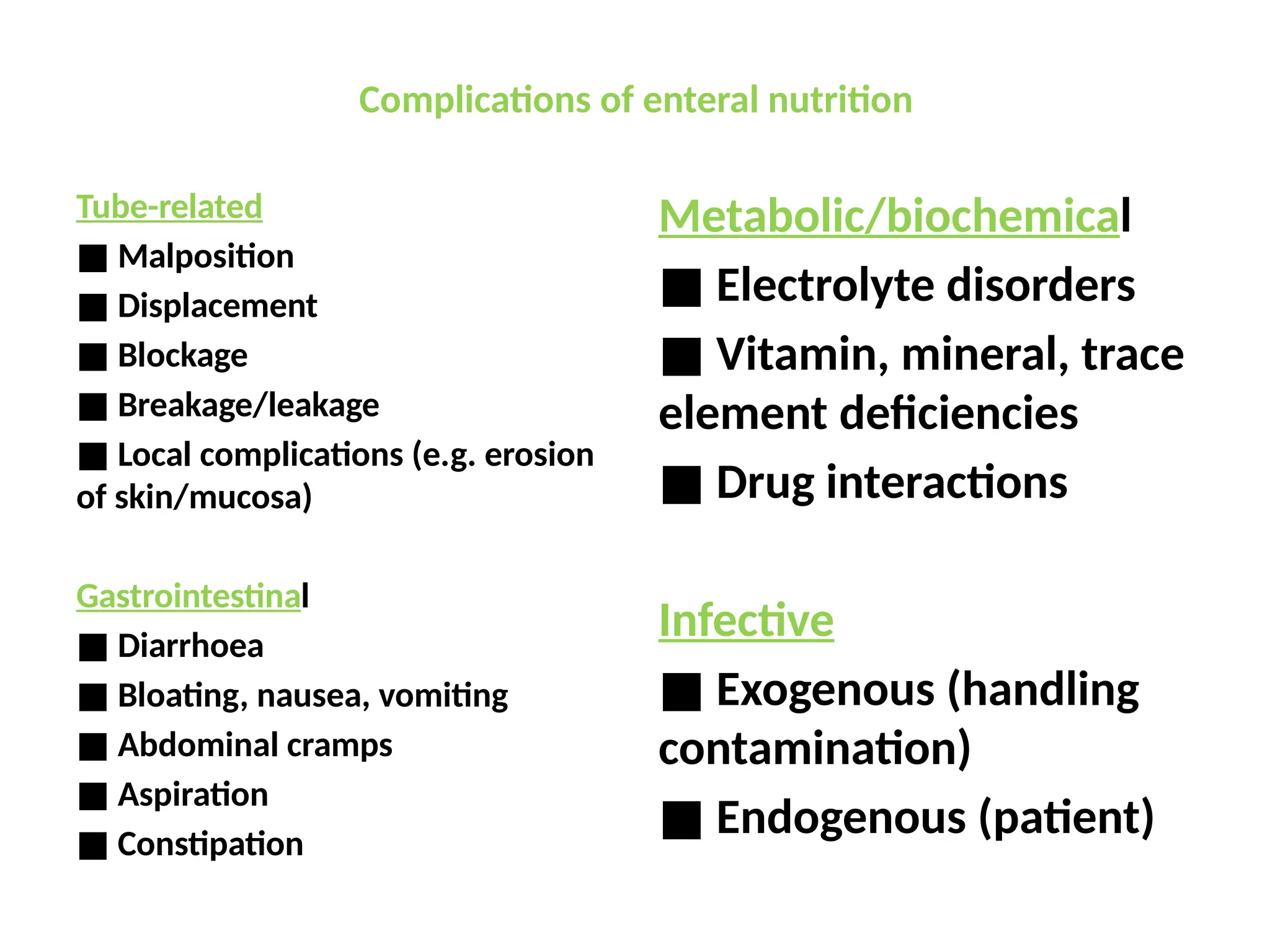 Complications of enteral nutrition
Tube-related
■ Malposition
■ Displacement
■ Blockage
■ Breakage/leakage
■ Local complications (e.g. erosion
of skin/mucosa)
Gastrointestinal
■ Diarrhoea
■ Bloating, nausea, vomiting
■ Abdominal cramps
■ Aspiration
■ Constipation
Metabolic/biochemical
■ Electrolyte disorders
■ Vitamin, mineral, trace
element deficiencies
■ Drug interactions
Infective
■ Exogenous (handling
contamination)
■ Endogenous (patient)
 