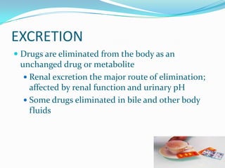 EXCRETION
 Drugs are eliminated from the body as an
unchanged drug or metabolite
 Renal excretion the major route of elimination;
affected by renal function and urinary pH
 Some drugs eliminated in bile and other body
fluids
 