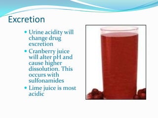 Excretion
 Urine acidity will
change drug
excretion
 Cranberry juice
will alter pH and
cause higher
dissolution. This
occurs with
sulfonamides
 Lime juice is most
acidic
 
