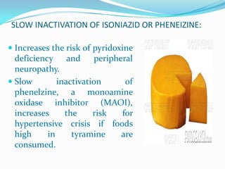 SLOW INACTIVATION OF ISONIAZID OR PHENEIZINE:
 Increases the risk of pyridoxine
deficiency and peripheral
neuropathy.
 Slow inactivation of
phenelzine, a monoamine
oxidase inhibitor (MAOI),
increases the risk for
hypertensive crisis if foods
high in tyramine are
consumed.
 