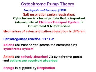 Cytochrome Pump Theory
Salt respiration /anion respiration:
Cytochrome is a heme protein that is important
intermediate of Electron Transport System in
Chloroplast & Mitochondria
Lundegardh and Burstrom (1933)
Anions are transported across the membrane by
cytochrome system
Energy is supplied by Respiration
Anions are actively absorbed via cytochrome pump
and cations are passively absorbed
Mechanism of anion and cation absorption is different
Dehydrogenase reaction : H + + e-
 