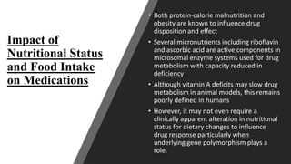 Impact of
Nutritional Status
and Food Intake
on Medications
• Both protein-calorie malnutrition and
obesity are known to i...
