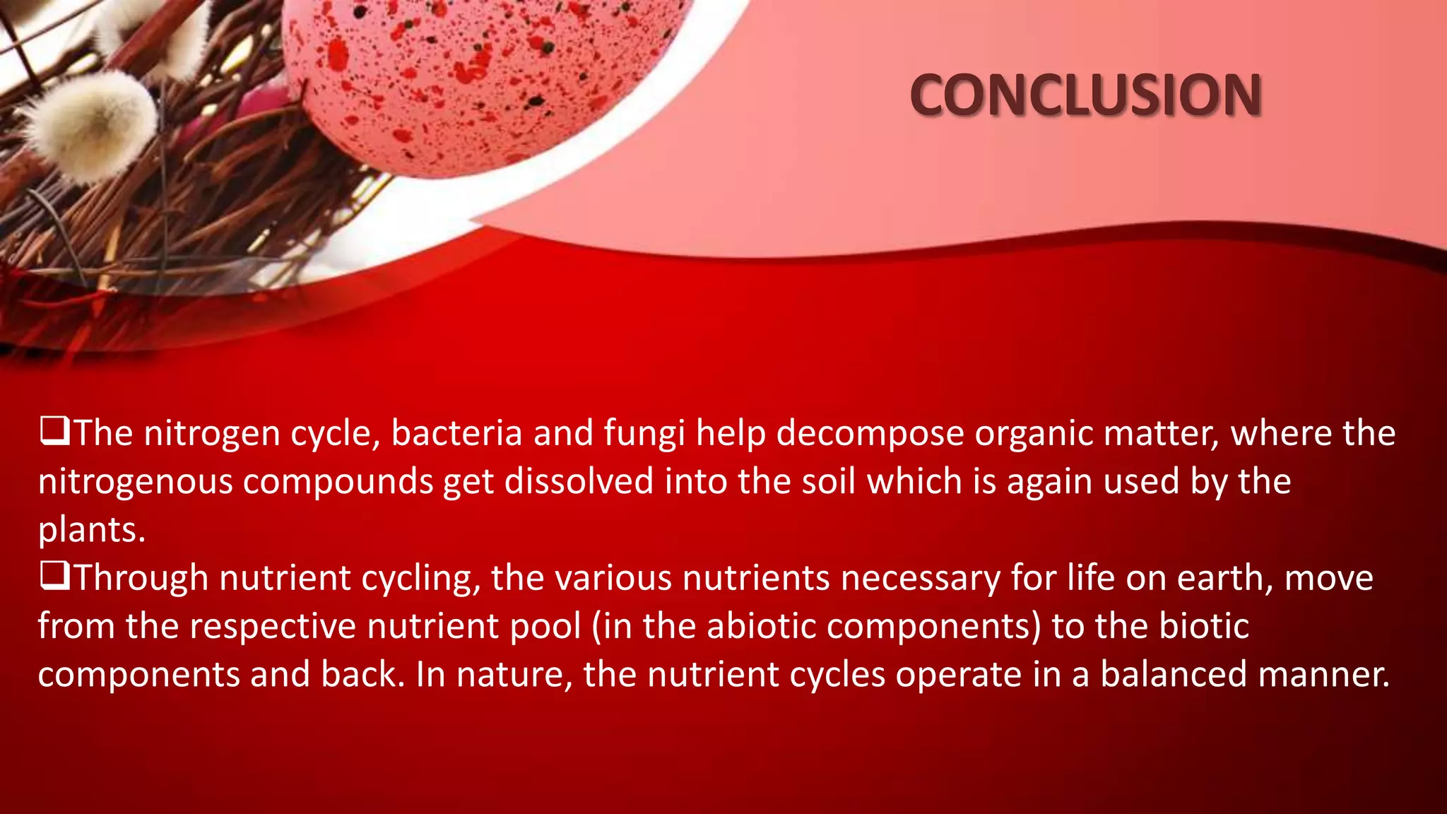 CONCLUSION
The nitrogen cycle, bacteria and fungi help decompose organic matter, where the
nitrogenous compounds get dissolved into the soil which is again used by the
plants.
Through nutrient cycling, the various nutrients necessary for life on earth, move
from the respective nutrient pool (in the abiotic components) to the biotic
components and back. In nature, the nutrient cycles operate in a balanced manner.
 