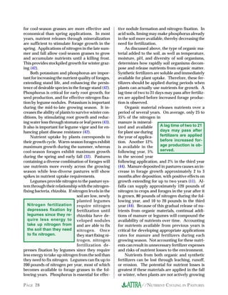 for cool-season grasses are more effective and            tive nodule formation and nitrogen fixation. In
economical than spring applications. In most              acid soils, liming may make phosphorus already
years, nutrient releases through mineralization           in the soil more available, thereby decreasing the
are sufficient to stimulate forage growth in the          need for fertilization.
spring. Applications of nitrogen in the late sum-              As discussed above, the type of organic ma-
mer and fall allow cool-season grasses to grow            terial added to the soil, as well as temperature,
and accumulate nutrients until a killing frost.           moisture, pH, and diversity of soil organisms,
This provides stockpiled growth for winter graz-          determines how rapidly soil organisms decom-
ing (42).                                                 pose and release nutrients from organic matter.
     Both potassium and phosphorus are impor-             Synthetic fertilizers are soluble and immediately
tant for increasing the nutrient quality of forages,      available for plant uptake. Therefore, these fer-
extending stand life, and enhancing the persis-           tilizers should be applied during periods when
tence of desirable species in the forage stand (42).      plants can actually use nutrients for growth. A
Phosphorus is critical for early root growth, for         lag time of two to 21 days may pass after fertiliz-
seed production, and for effective nitrogen fixa-         ers are applied before increased forage produc-
tion by legume nodules. Potassium is important            tion is observed.
during the mid-to-late growing season. It in-                  Organic material releases nutrients over a
creases the ability of plants to survive winter con-      period of several years. On average, only 25 to
ditions, by stimulating root growth and reduc-            35% of the nitrogen in
ing water loss through stomata or leaf pores (43).        manure is mineral-
It also is important for legume vigor and for en-         ized and available        A lag time of two to 21
hancing plant disease resistance (42).                    for plant use during      days may pass after
     Nutrient uptake by plants corresponds to             the year of applica-      fertilizers are applied
their growth cycle. Warm-season forages exhibit           tion. Another 12%         before increased for-
maximum growth during the summer, whereas                 is available in the       age production is ob-
cool-season forages exhibit maximum growth                following year, 5%        served.
during the spring and early fall (32). Pastures           in the second year
containing a diverse combination of forages will          following application, and 2% in the third year
use nutrients more evenly across the growing              (44). Manure deposited in pastures causes an in-
season while less-diverse pastures will show              crease in forage growth approximately 2 to 3
spikes in nutrient uptake requirements.                   months after deposition, with positive effects on
     Legumes provide nitrogen to the pasture sys-         growth extending for up to two years (11). Al-
tem through their relationship with the nitrogen-         falfa can supply approximately 120 pounds of
fixing bacteria, rhizobia. If nitrogen levels in the      nitrogen to crops and forages in the year after it
                                  soil are low, newly     is grown, 80 pounds of nitrogen during the fol-
                                  planted legumes         lowing year, and 10 to 20 pounds in the third
   Nitrogen fertilization require nitrogen                year (44). Because of this gradual release of nu-
   depresses fixation by fertilization until              trients from organic materials, continual addi-
   legumes since they re- rhizobia have de-               tions of manure or legumes will compound the
   quire less energy to veloped nodules                   availability of nutrients over time. Accounting
   take up nitrogen from and are able to fix              for nutrients available from previous years is
   the soil than they need nitrogen. Once                 critical for developing appropriate applications
   to fix nitrogen.               they start fixing ni-   rates for manure and fertilizers during each
                                  trogen, nitrogen        growing season. Not accounting for these nutri-
                                  fertilization de-       ents can result in unnecessary fertilizer expenses
presses fixation by legumes since they require            and risks of nutrient losses to the environment.
less energy to take up nitrogen from the soil than             Nutrients from both organic and synthetic
they need to fix nitrogen. Legumes can fix up to          fertilizers can be lost through leaching, runoff,
200 pounds of nitrogen per year, most of which            or erosion. The potential for nutrient losses is
becomes available to forage grasses in the fol-           greatest if these materials are applied in the fall
lowing years. Phosphorus is essential for effec-          or winter, when plants are not actively growing

PAGE 28                                                                //NUTRIENT CYCLING IN PASTURES
 