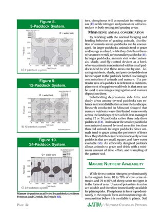tors, phosphorus will accumulate in resting ar-
               .igure 8.
                                                      eas (13) while nitrogen and potassium will accu-
          3-Paddock System.                           mulate in both resting and grazing areas.
                                     O = water tank     MINIMIZING ANIMAL CONGREGATION
                                                          By working with the normal foraging and
                                                      herding behavior of grazing animals, distribu-
                                                      tion of animals across paddocks can be encour-
                                                      aged. In larger paddocks, animals tend to graze
                                                      and lounge as a herd, while they distribute them-
                                                      selves more evenly across smaller paddocks (41).
                                                      In larger paddocks, animals visit water, miner-
                                                      als, shade, and fly-control devices as a herd,
                                                      whereas animals concentrated within small pad-
                                                      docks tend to visit these areas one-by-one. Lo-
                                                      cating nutrients, shade, and pest-control devices
                                                      farther apart in the paddock further discourages
                                                      concentration of animals and manure. If a par-
               .igure 9.                              ticular area of a paddock is deficient in nutrients,
          12-Paddock System.                          placement of supplemental feeds in that area can
                                                      be used to encourage congregation and manure
                  O = water tank
                                                      deposition there.
                                                          Subdividing depressions, side hills, and
                                                      shady areas among several paddocks can en-
                                                      hance nutrient distribution across the landscape.
                                                      Research conducted in Missouri showed that
                                                      manure nutrients were distributed more evenly
                                                      across the landscape when a field was managed
                                                      using 12 or 24 paddocks rather than only three
                                                      paddocks (54). Animals in the smaller paddocks
                                                      concentrated around favored areas for less time
                                                      than did animals in larger paddocks. Since ani-
                                                      mals tend to graze along the perimeter of fence
                                                      lines, they distribute nutrients most evenly across
               .igure 10.                             paddocks that are small, square, and have water
                                                      available (55). An efficiently designed paddock
          24-Paddock System.
                                                      allows animals to graze and drink with a mini-
                                                      mum amount of time, effort, and trampling of
                    O = water tank                    the pasture sod.


                                                         MANURE NUTRIENT AVAILABILITY

                                                          While feces contain nitrogen predominantly
                                                      in the organic form, 60 to 70% of cow-urine ni-
                                                      trogen and 70 to 80% of sheep-urine nitrogen is
                                                      in the form of urea. Urea and potassium in urine
                                                      are soluble and therefore immediately available
                                                      for plant uptake. Phosphorus in feces is predomi-
Manure deposition as affected by paddock size (from
                                                      nantly in the organic form and must undergo de-
Peterson and Gerrish, Reference 52).
                                                      composition before it is available to plants. Soil

PAGE 32                                                             //NUTRIENT CYCLING IN PASTURES
 