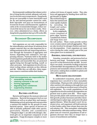 Environmental conditions that enhance activi-      carbon-rich forms of organic matter. They also
ties of dung beetles include adequate soil mois-       form soil aggregates by binding them with fun-
ture levels and warm temperatures. Dung beetle         gal threads or hyphae.
larvae are susceptible to some insecticides used       Mycorrhizal fungi en-
for fly and internal-parasite control for cattle.      hance the nutrient and
Both injectable and pour-on formulations of            water uptake of plants
Ivermectin (Ivomec and Doramectin), applied to         by extending the
cattle at the recommended dosages, reduce sur-         length and surface-
vival of the larvae for one to three weeks. How-       area of root uptake.
ever, when administered as a bolus, effects on             In dry rangelands,
dung beetle populations last up to 20 weeks (83).      crusts composed of
                                                       green algae, bacteria,
                                                       cyanobacteria, lichens,
      SECONDARY DECOMPOSERS                            and fungi form over
                                                       the soil surface. These crusts provide surface
    Soil organisms are not only responsible for        cover, erosion control, and soil aggregation. They
the mineralization and release of nutrients from       are also involved in nitrogen fixation and nutri-
organic material; they are also important for re-      ent decomposition. Crust organisms are most
taining nutrients in the soil, improving soil struc-   active during the cooler, moister part of the year
ture through the formation of aggregates and           when plant cover is minimal (2).
humus, degrading toxic substances, and sup-             AMOEBAS, NEMATODES, AND PROTOZOA
pressing diseases. Nutrients held in the bodies
of soil organisms gradually become available for           Amoebas, nematodes, and protozoa feed on
plant uptake and meanwhile they are protected          bacteria and fungi. Nematodes may consume
against being lost through leaching, runoff, or        up to 25% of the bacteria in the soil (84). Accord-
other processes. Soil organisms involved in nu-        ing to one study, nematodes feeding on bacteria
trient cycling release nutrients as they defecate      accelerated litter decomposition by 23% (85). Both
and die. While they are still alive, these organ-      protozoa and nematodes release nutrients to the
isms conserve nutrients within their bodies.           soil system, making them available to plants and
                                                       other soil organisms.
                                                               MUTUALISTIC RELATIONSHIPS
 Soil microorganisms are responsible for
 • mineralizing nutrients                                   In undisturbed ecosystems, plants and soil
 • retaining nutrients in the soil                     organisms have coevolved to form mutualistic
 • forming aggregates                                  relationships. Plants provide carbohydrates and
 • degrading toxic substances                          other nutrient-rich substances through their root
 • suppressing diseases                                system, providing an excellent source of food for
                                                       soil organisms. As a result, populations of soil
                                                       organisms involved in nutrient decomposition are
            BACTERIA AND FUNGI                         greatest next to plant roots (85). These organ-
    Bacteria and fungi are the most prevalent soil     isms provide plants with nutrients necessary for
organisms. Bacterial decomposers feed on root          their growth, produce hormones and other chemi-
exudates as well as on plant litter and manure.        cals that improve plant vigor, and protect the plant
Maintaining actively growing soil roots provides       against diseases. When the plant’s need for nu-
a nutrient-rich habitat for the growth of many         trients is low, soil organisms will hold nutrients
bacterial species. Some species of bacteria are        in their bodies rather than release them into the
able to detoxify pollutants while other species,       soil solution (10). This mutualistic relationship
particularly rhizobia and cyanobacteria                is disturbed by cultivation and harvesting. When
(“bluegreen algae”), are able to fix nitrogen. Bac-    plant roots are removed, populations of soil or-
terial gels are an important component of soil         ganisms decrease since they no longer have a
aggregates. Fungi decompose complex or more            source of nourishment and habitat.

           //NUTRIENT CYCLING IN PASTURES                                                      PAGE 43
 