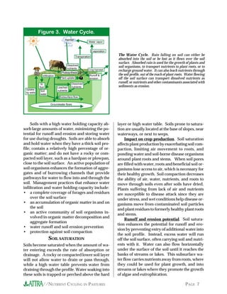 .igure 3. Water Cycle.
                                   Rainfall
                                              T
                                                         Water vapor




                                                         T
                                               T
                                                              Evaporation

                                              Transpiration
                                                                            The Water Cycle. Rain falling on soil can either be
                                                                            absorbed into the soil or be lost as it flows over the soil
                                                                            surface. Absorbed rain is used for the growth of plants and
                                                             T
                                     Dissolved
                                     nutrients
                                                                            soil organisms, to transport nutrients to plant roots, or to
                             T Photosynthesis T Crop harvest T
                                                  TRunoff &
                                                                            recharge ground water. It can also leach nutrients through
                                                                            the soil profile, out of the reach of plant roots. Water flowing
                             TPlant uptake T
              Infiltration
      T




                                                   erosion                  off the soil surface can transport dissolved nutrients as
            T




                                   T Dissolved T
             to
                                                                            runoff, or nutrients and other contaminants associated with
               T




            Soil             Leached T  nutrients                           sediments as erosion.
 Uptake                      nutrients
             Soil
 by wells
             water
                      T




                                                 T
                               Subsurface flow
                       T




                                                 T
                      Groundwater flows




     Soils with a high water holding capacity ab-                           layer or high water table. Soils prone to satura-
sorb large amounts of water, minimizing the po-                             tion are usually located at the base of slopes, near
tential for runoff and erosion and storing water                            waterways, or next to seeps.
for use during droughts. Soils are able to absorb                                Impact on crop production. Soil saturation
and hold water when they have a thick soil pro-                             affects plant production by exacerbating soil com-
file; contain a relatively high percentage of or-                           paction, limiting air movement to roots, and
ganic matter; and do not have a rocky or com-                               ponding water and soil-borne disease organisms
pacted soil layer, such as a hardpan or plowpan,                            around plant roots and stems. When soil pores
close to the soil surface. An active population of                          are filled with water, roots and beneficial soil or-
soil organisms enhances the formation of aggre-                             ganisms lose access to air, which is necessary for
gates and of burrowing channels that provide                                their healthy growth. Soil compaction decreases
pathways for water to flow into and through the                             the ability of air, water, nutrients, and roots to
soil. Management practices that enhance water                               move through soils even after soils have dried.
infiltration and water holding capacity include:                            Plants suffering from lack of air and nutrients
• a complete coverage of forages and residues                               are susceptible to disease attack since they are
     over the soil surface                                                  under stress, and wet conditions help disease or-
• an accumulation of organic matter in and on                               ganisms move from contaminated soil particles
     the soil                                                               and plant residues to formerly healthy plant roots
• an active community of soil organisms in-
                                                                            and stems.
     volved in organic matter decomposition and
                                                                                 Runoff and erosion potential. Soil satura-
     aggregate formation
                                                                            tion enhances the potential for runoff and ero-
• water runoff and soil erosion prevention
                                                                            sion by preventing entry of additional water into
• protection against soil compaction
                                                                            the soil profile. Instead, excess water will run
                     SOIL SATURATION                                        off the soil surface, often carrying soil and nutri-
Soils become saturated when the amount of wa-                               ents with it. Water can also flow horizontally
ter entering exceeds the rate of absorption or                              under the surface of the soil until it reaches the
drainage. A rocky or compacted lower soil layer                             banks of streams or lakes. This subsurface wa-
will not allow water to drain or pass through,                              ter flow carries nutrients away from roots, where
while a high water table prevents water from                                they could be used for plant growth, and into
draining through the profile. Water soaking into                            streams or lakes where they promote the growth
these soils is trapped or perched above the hard                            of algae and eutrophication.

              //NUTRIENT CYCLING IN PASTURES                                                                                 PAGE 7
 