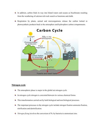 In addition, carbon finds its way into Island waters and oceans as bicarbonate resulting
from the weathering of calcium rich rock search as limestone and chalk.
Respiration by plants, animal and microorganisms release the carbon locked in
photosynthetic products back to the atmosphere and hydrosphere carbon compartments.
Nitrogen cycle
The atmospheric phase is major in the global net nitrogen cycle.
In nitrogen cycle nitrogen is converted between its various chemical forms.
This transformation carried out by both biological and non biological processes.
The important processes in the nitrogen cycle include nitrogen fixation ammonia fixation,
nitrification and denitrification.
Nitrogen fixing involves the conversion of N2 by bacteria to ammonium ions.
 