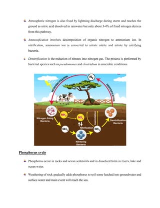 Atmospheric nitrogen is also fixed by lightning discharge during storm and reaches the
ground as nitric acid dissolved in rainwater but only about 3-4% of fixed nitrogen derives
from this pathway.
Ammonification involves decomposition of organic nitrogen to ammonium ion. In
nitrification, ammonium ion is converted to nitrate nitrite and nitrate by nitrifying
bacteria.
Denitrification is the reduction of nitrates into nitrogen gas. The process is performed by
bacterial species such as pseudomonas and clostridium in anaerobic conditions.
Phosphorus cycle
Phosphorus occur in rocks and ocean sediments and in dissolved form in rivers, lake and
ocean water.
Weathering of rock gradually adds phosphorus to soil some leached into groundwater and
surface water and main event will reach the sea.
 