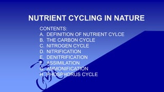 NUTRIENT CYCLING IN NATURE
CONTENTS:
A. DEFINITION OF NUTRIENT CYLCE
B. THE CARBON CYCLE
C. NITROGEN CYCLE
D. NITRIFICATION
E. DENITRIFICATION
F. ASSIMILATION
G. AMMONIFICATION
H. PHOSPHORUS CYCLE
 