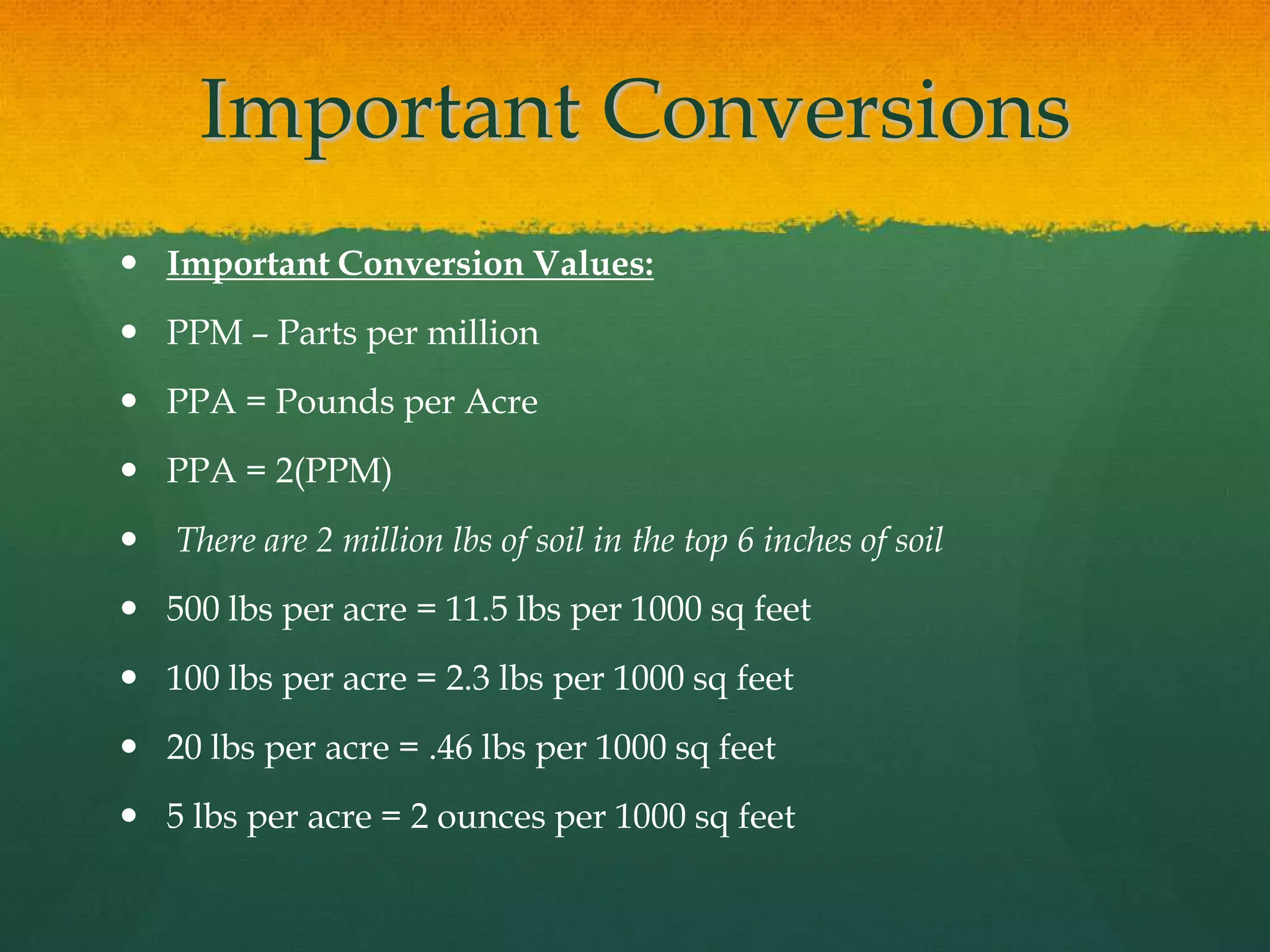 Important Conversions
 Important Conversion Values:
 PPM – Parts per million
 PPA = Pounds per Acre
 PPA = 2(PPM)
   There are 2 million lbs of soil in the top 6 inches of soil
 500 lbs per acre = 11.5 lbs per 1000 sq feet
 100 lbs per acre = 2.3 lbs per 1000 sq feet
 20 lbs per acre = .46 lbs per 1000 sq feet
 5 lbs per acre = 2 ounces per 1000 sq feet
 