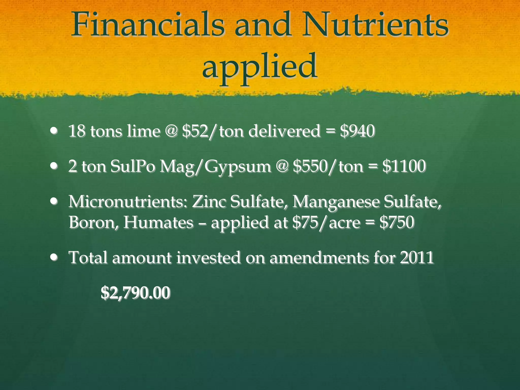 Financials and Nutrients
          applied
 18 tons lime @ $52/ton delivered = $940

 2 ton SulPo Mag/Gypsum @ $550/ton = $1100

 Micronutrients: Zinc Sulfate, Manganese Sulfate,
  Boron, Humates – applied at $75/acre = $750

 Total amount invested on amendments for 2011

      $2,790.00
 