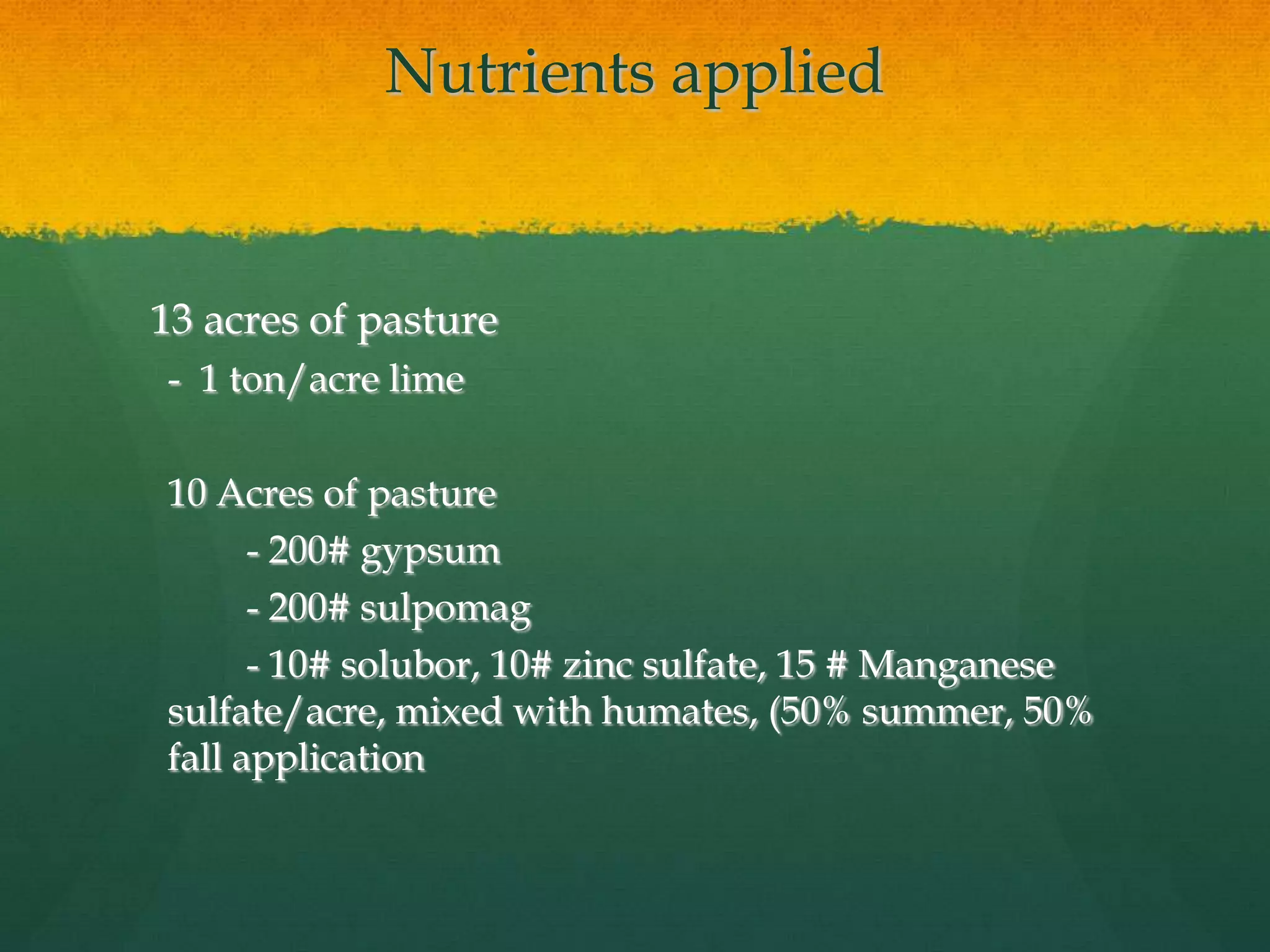 Nutrients applied


13 acres of pasture
- 1 ton/acre lime

10 Acres of pasture
      - 200# gypsum
      - 200# sulpomag
      - 10# solubor, 10# zinc sulfate, 15 # Manganese
sulfate/acre, mixed with humates, (50% summer, 50%
fall application
 