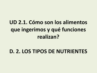 UD 2.1. Cómo son los alimentos que ingerimos y qué funciones realizan? D. 2. LOS TIPOS DE NUTRIENTES 