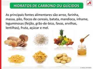 HIDRATOS DE CARBONO OU GLÍCIDOS

As principais fontes alimentares são arroz, farinha,
massa, pão, flocos de cereais, batata, mandioca, inhame,
leguminosas (feijão, grão-de-bico, favas, ervilhas,
lentilhas), fruta, açúcar e mel.
 