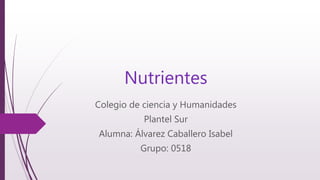 Nutrientes
Colegio de ciencia y Humanidades
Plantel Sur
Alumna: Álvarez Caballero Isabel
Grupo: 0518
 