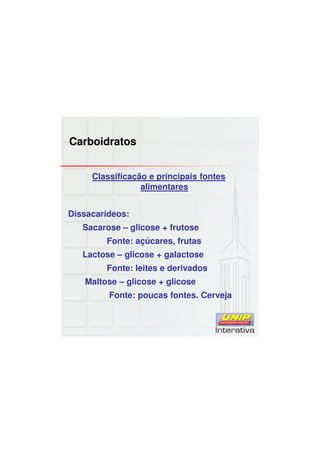 Carboidratos
Classificação e principais fontes
alimentares
Dissacarídeos:
Sacarose – glicose + frutose
Fonte: açúcares, frutas
Lactose – glicose + galactose
Fonte: leites e derivados
Maltose – glicose + glicose
Fonte: poucas fontes. Cerveja
 