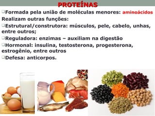 PROTEÍNASPROTEÍNAS
Formada pela união de moléculas menores: aminoácidos
Realizam outras funções:
Estrutural/construtora: músculos, pele, cabelo, unhas,
entre outros;
Reguladora: enzimas – auxiliam na digestão
Hormonal: insulina, testosterona, progesterona,
estrogênio, entre outros
Defesa: anticorpos.
 