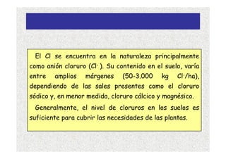 El Cl se encuentra en la naturaleza principalmente
como anión cloruro (Cl- ). Su contenido en el suelo, varía
entre   amplios    márgenes    (50-3.000     kg   Cl-/ha),
dependiendo de las sales presentes como el cloruro
sódico y, en menor medida, cloruro cálcico y magnésico.
 Generalmente, el nivel de cloruros en los suelos es
suficiente para cubrir las necesidades de las plantas.
 