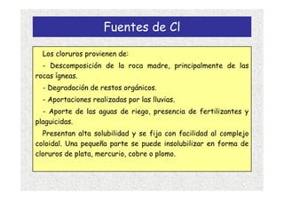 Fuentes de Cl

  Los cloruros provienen de:
  - Descomposición de la roca madre, principalmente de las
rocas ígneas.
  - Degradación de restos orgánicos.
  - Aportaciones realizadas por las lluvias.
  - Aporte de las aguas de riego, presencia de fertilizantes y
plaguicidas.
  Presentan alta solubilidad y se fija con facilidad al complejo
coloidal. Una pequeña parte se puede insolubilizar en forma de
cloruros de plata, mercurio, cobre o plomo.
 