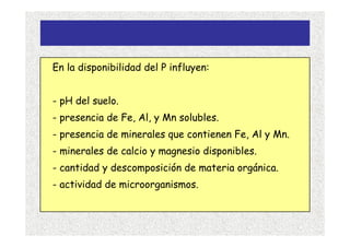 En la disponibilidad del P influyen:


- pH del suelo.
- presencia de Fe, Al, y Mn solubles.
- presencia de minerales que contienen Fe, Al y Mn.
- minerales de calcio y magnesio disponibles.
- cantidad y descomposición de materia orgánica.
- actividad de microorganismos.
 