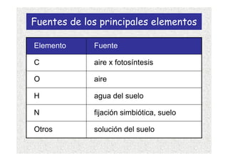 Fuentes de los principales elementos

Elemento     Fuente

C            aire x fotosíntesis

O            aire

H            agua del suelo

N            fijación simbiótica, suelo

Otros        solución del suelo
 