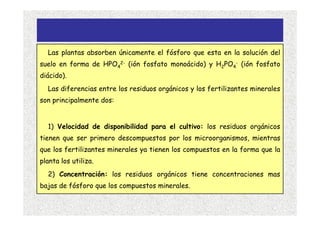 Las plantas absorben únicamente el fósforo que esta en la solución del
suelo en forma de HPO42- (ión fosfato monoácido) y H2PO4- (ión fosfato
diácido).
  Las diferencias entre los residuos orgánicos y los fertilizantes minerales
son principalmente dos:


  1) Velocidad de disponibilidad para el cultivo: los residuos orgánicos
tienen que ser primero descompuestos por los microorganismos, mientras
que los fertilizantes minerales ya tienen los compuestos en la forma que la
planta los utiliza.
  2) Concentración: los residuos orgánicos tiene concentraciones mas
bajas de fósforo que los compuestos minerales.
 