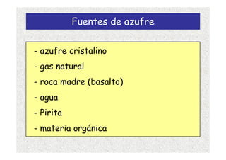 Fuentes de azufre

- azufre cristalino
- gas natural
- roca madre (basalto)
- agua
- Pirita
- materia orgánica
 