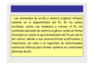 Los contenidos de arcilla y materia orgánica influyen
también en la disponibilidad del Fe. En los suelos
arcillosos, existe una tendencia a retener el Fe. Un
contenido adecuado de materia orgánica, actúa de forma
favorable en cuanto al aprovechamiento del Fe por parte
del cultivo, debido a sus características acidificantes y
reductoras, así como a la capacidad de determinadas
sustancias húmicas para formar quelatos en condiciones
adversas de pH.
 