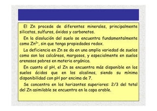 El Zn procede de diferentes minerales, principalmente
silicatos, sulfuros, óxidos y carbonatos.
  En la disolución del suelo se encuentra fundamentalmente
como Zn2+, sin que tenga propiedades redox.
  La deficiencia en Zn se da en una amplia variedad de suelos
como son los calcáreos, margosos, y especialmente en suelos
arenosos pobres en materia orgánica.
  En cuanto al pH, el Zn se encuentra más disponible en los
suelos ácidos que en los alcalinos, siendo su mínima
disponibilidad con pH por encima de 7.
  Se concentra en los horizontes superiores: 2/3 del total
del Zn asimilable se encuentra en la capa arable.
 