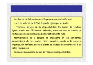 Los factores del suelo que influyen en su asimilación son:
  - pH: en valores de 8-9 el B queda fijado por el suelo.
  - Textura: influye en su disponibilidad. En suelos de textura
ligera puede ser fácilmente lixiviado, mientras que en suelos de
textura arcillosa su movilidad es prácticamente nula.
  Normalmente, el B soluble se encuentra en los horizontes
superficiales de los suelos bien drenados, unido a la materia
orgánica. En períodos secos la planta es incapaz de absorber el B de
estos horizontes.
  En suelos con exceso de cal se reduce su disponibilidad.
 