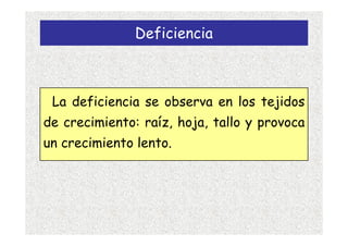 Deficiencia



 La deficiencia se observa en los tejidos
de crecimiento: raíz, hoja, tallo y provoca
un crecimiento lento.
 