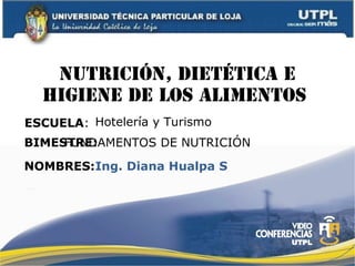 NUTRICIÓN, DIETÉTICA E
  HIGIENE DE LOS ALIMENTOS
ESCUELA: Hotelería y Turismo
BIMESTRE:
     FUNDAMENTOS DE NUTRICIÓN

NOMBRES:Ing. Diana Hualpa S
 