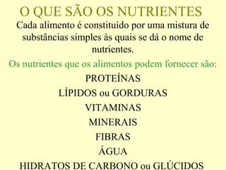 O QUE SÃO OS NUTRIENTES
Cada alimento é constituído por uma mistura de
substâncias simples às quais se dá o nome de
nutrientes.
Os nutrientes que os alimentos podem fornecer são:
PROTEÍNAS
LÍPIDOS ou GORDURAS
VITAMINAS
MINERAIS
FIBRAS
ÁGUA
HIDRATOS DE CARBONO ou GLÚCIDOS
 