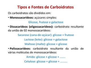 Tipos e Fontes de Carboidratos
Os carboidratos são divididos em:
• Monossacarídeos: açúcares simples:
Glicose, frutose e galactose
• Dissacarídeos (oligossacarídeos): carboidrato resultante
da união de 02 monossacarídeos:
Sacarose (cana-de-açúcar): glicose + frutose
Lactose (leite): glicose + galactose
Maltose (malte): glicose + glicose
• Polissacarídeos: carboidrato resultante da união de
várias moléculas de monossacarídeos:
Amido: glicose + glicose + .......
Celulose: glicose + glicose + .........
 