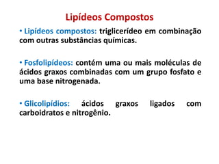 Lipídeos Compostos
• Lipídeos compostos: triglicerídeo em combinação
com outras substâncias químicas.
• Fosfolipídeos: contém uma ou mais moléculas de
ácidos graxos combinadas com um grupo fosfato e
uma base nitrogenada.
• Glicolipídios: ácidos graxos ligados com
carboidratos e nitrogênio.
 