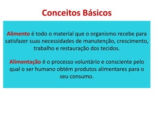 Alimento é todo o material que o organismo recebe para
satisfazer suas necessidades de manutenção, crescimento,
trabalho e restauração dos tecidos.
Alimentação é o processo voluntário e consciente pelo
qual o ser humano obtém produtos alimentares para o
seu consumo.
Conceitos Básicos
 