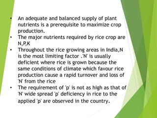 • An adequate and balanced supply of plant
nutrients is a prerequisite to maximize crop
production.
• The major nutrients required by rice crop are
N,P,K
• Throughout the rice growing areas in India,N
is the most limiting factor .'N' is usually
deficient where rice is grown because the
same conditions of climate which favour rice
production cause a rapid turnover and loss of
'N' from the rice
• The requirement of 'p' is not as high as that of
'N' wide spread 'p' deficiency in rice to the
applied 'p' are observed in the country.
 