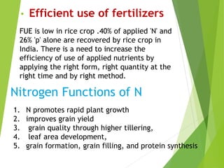 • Efficient use of fertilizers
FUE is low in rice crop .40% of applied 'N' and
26% 'p' alone are recovered by rice crop in
India. There is a need to increase the
efficiency of use of applied nutrients by
applying the right form, right quantity at the
right time and by right method.
Nitrogen Functions of N
1. N promotes rapid plant growth
2. improves grain yield
3. grain quality through higher tillering,
4. leaf area development,
5. grain formation, grain filling, and protein synthesis
 