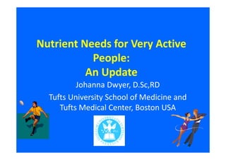 Nutrient Needs for Very Active 
People: 
An Update 
Johanna Dwyer, D.Sc,RD 
Tufts University School of Medicine and 
Tufts Medical Center, Boston USA 
 