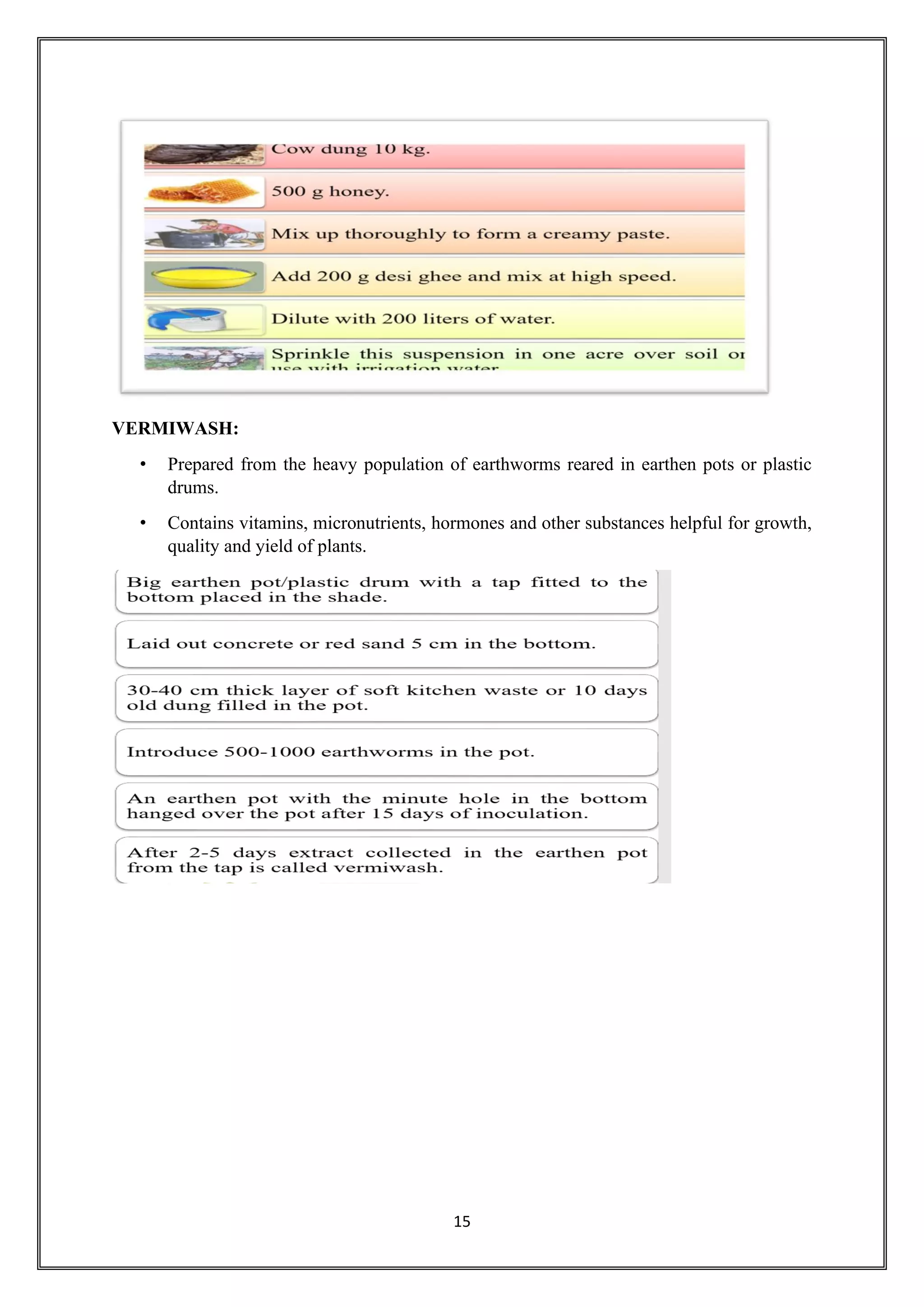 15
VERMIWASH:
• Prepared from the heavy population of earthworms reared in earthen pots or plastic
drums.
• Contains vitamins, micronutrients, hormones and other substances helpful for growth,
quality and yield of plants.
 