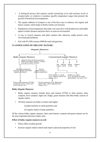 4
• A biological process that requires careful monitoring of air and moisture levels in
compost piles or windrows to produce specific temperature ranges that promote the
growth of beneficial microorganisms.
• The regular addition of compost is one of the best ways to enhance soil organic and
humic content, which helps to build a fertile soil structure.
• Populations of microorganisms that make soil come alive with productivity and enable
plants to battle diseases and pests thrive in such an environment.
• A way to recycle manures and plant residues that otherwise might present some
environmental problems.
• Soil with 4% OM contains 4000 lbs total nitrogen/acre.
CLASSIFICATION OF ORGANIC MANURE:
Bulky Organic Manures:
• Bulky organic manures include farm yard manure (FYM) or farm manure, farm
compost, town compost, night soil, sludge, green manures and other bulky sources of
organic matter.
• All these manures are bulky in nature and supply:
(i) plant nutrients in small quantities and
(ii) organic matter in large quantities.
Of the various bulky organic manures, farm yard manure, compost and green manure are by
far most important and most widely used.
Effect of bulky organic manures on soil:
• Direct effect on plant growth.
• Increase organic matter content and improve physical properties of soil.
 