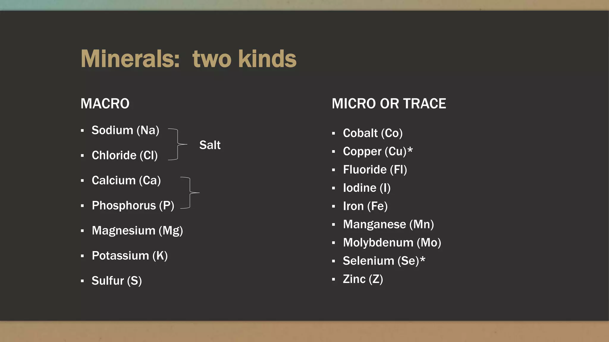 Minerals: two kinds
MACRO
▪ Sodium (Na)
▪ Chloride (Cl)
▪ Calcium (Ca)
▪ Phosphorus (P)
▪ Magnesium (Mg)
▪ Potassium (K)
▪ Sulfur (S)
MICRO OR TRACE
▪ Cobalt (Co)
▪ Copper (Cu)*
▪ Fluoride (Fl)
▪ Iodine (I)
▪ Iron (Fe)
▪ Manganese (Mn)
▪ Molybdenum (Mo)
▪ Selenium (Se)*
▪ Zinc (Z)
Salt
 